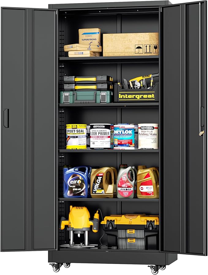 INTERGREAT Metal Storage Cabinet with Wheels, 73" H Rolling Metal Cabinets with Doors and Shelves, Black Steel Lockable Cabinet on Wheels for Garage Storage