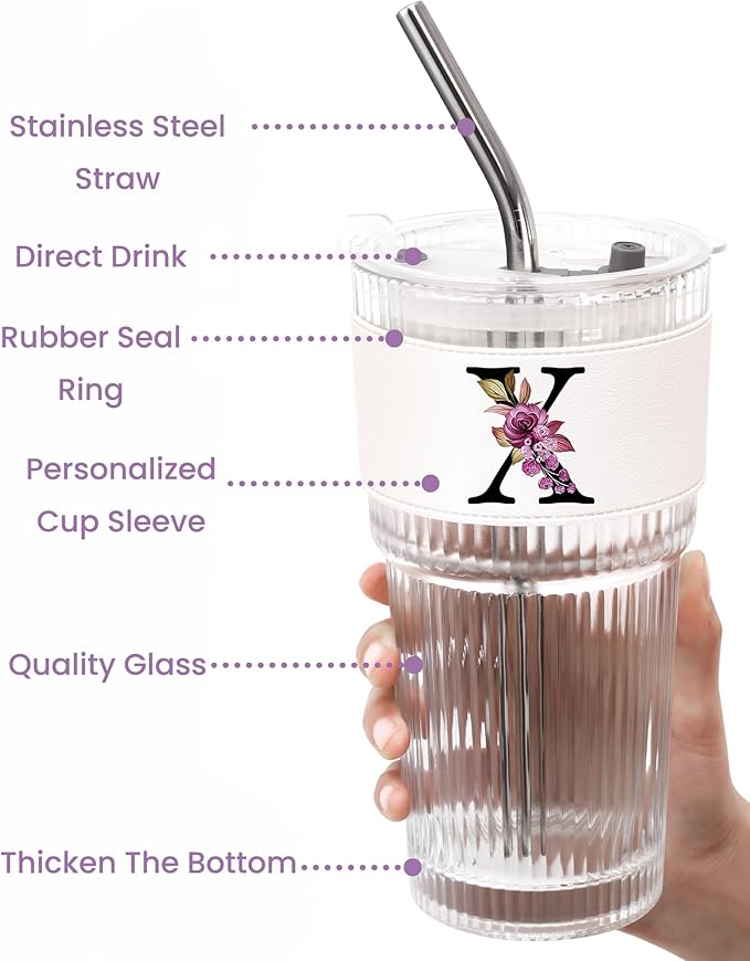 Initial Glass Cup with Lid Straw Ribbed Ice Tea Latte Tumbler Matcha Coffee Best Friend Friendship Happy Birthday Close Women Bff Stuff Bestie Soul Sister Ever Long Distance Cute Personalized Gift X