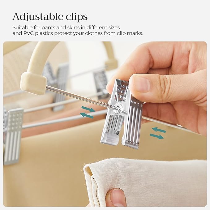 SONGMICS 30-Pack Pants Hangers, 16.7-Inch Long Velvet Hangers with Adjustable Clips, Heavy-Duty, Non-Slip Skirt Hangers, Space-Saving for Pants, Skirts, Coats, Dresses, Sandy Beige UCRF012M30