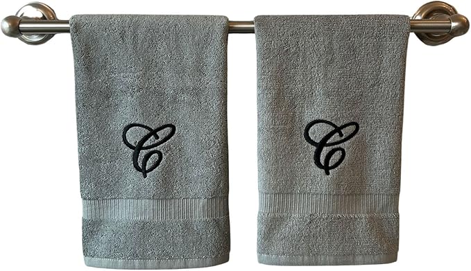 Gray Monogrammed Hand Towels for Bathroom - Luxury Hotel Quality Personalized Initial Embroidered Towel for Powder Room, Spa - GOTS Organic Certified - Set of 2 Black Letter C