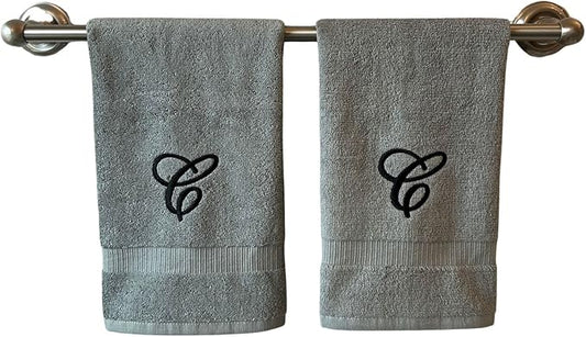 Gray Monogrammed Hand Towels for Bathroom - Luxury Hotel Quality Personalized Initial Embroidered Towel for Powder Room, Spa - GOTS Organic Certified - Set of 2 Black Letter C