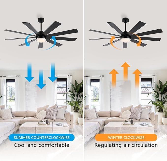 64" DC Motor Ceiling Fan with Light, 6-Speed Remote Control, Reversible Motor, Modern 9 Blades Black Ceiling Fan with 4.5"/12" Downrods for Home or Commercial, Living Room/Restaurant