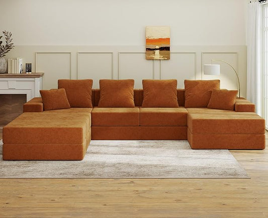 Living&Giving 128" U-Shaped Cloud Sectional Couch for Living Room, Cloud Boneless Couch-No Assembly with Reversible Chaise, Customizable 4-Seat Modular Sectional Sofa with 3 Ottoman, Orange