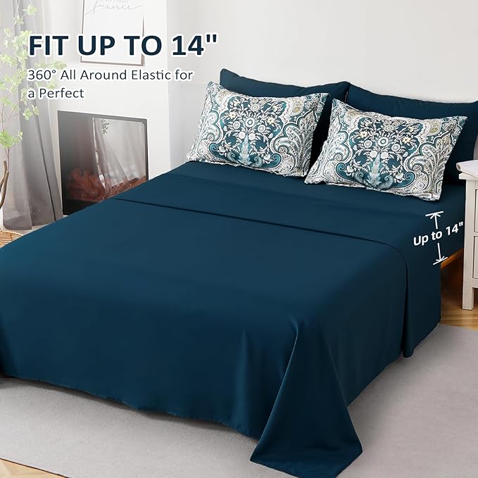 Drucon Paisley Comforter Set King Size, 7 Pieces Bed in a Bag Boho Comforter, Soft Lightweight Microfiber Bedding Set (1 Comforter, 1 Flat Sheet, 1 Fitted Sheet, 2 Pillow Shams, 2 Pillowcases)