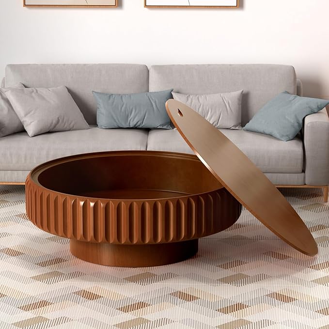 Round Coffee Tables with Storage Fluted Drum Coffee Table with Solid Wood Relief, Modern Circle Wooden Coffee Tables Brown Center Table Accent Tea Table for Living Room Apartment (Round 39.37'')
