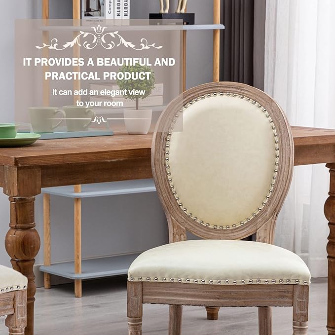 Nrizc French Country Dining Chairs Set of 2, Leather Farmhouse Dining Room Chairs with Round Back, Solid Wood Legs, Oval Side Chairs for Kitchen/Bedroom/Dining Room