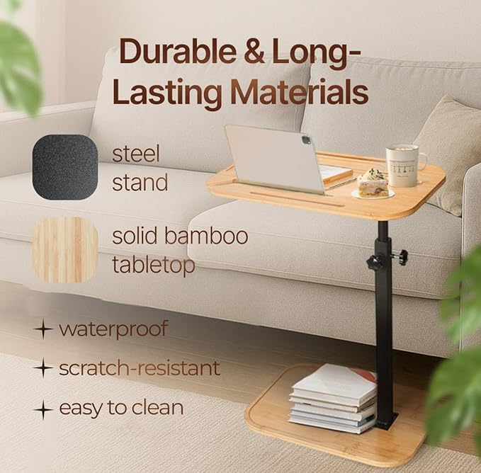DAVIDOK C-Shaped Sofa End Table, Adjustable Height Couch Side Table with Device Slot, Wood Color with Black Metal Stand, Couch Table for Living Room, Bedroom