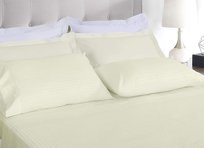 Threadmill 100% Cotton Sheets for Full Size Bed - 600 Thread Count Full Bed Sheets Set with 16” Deep Pocket - Damask Stripe Sateen Weave 4-Piece Bedding Set with Cooling Effect, Ivory
