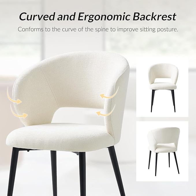 Contemporary Dining Chairs with Armrests – Ergonomic Soft-Padded Seat, Curved Backrest, Matte Black Metal Legs, Comfortable Kitchen & Dining Room Chairs, Set of 2