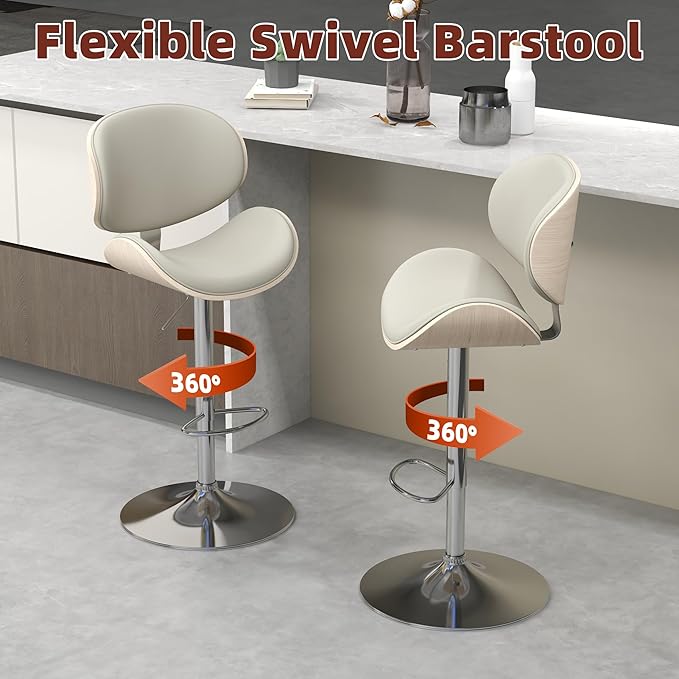 civama Bar Stools 1 PC for Kitchen Counter, Adjustable Bar Height Chairs, Modern Swivel Barstools with Bentwood Seat and Back with Footrest for Kitchen Island, Dining Room, Grey PU Leather