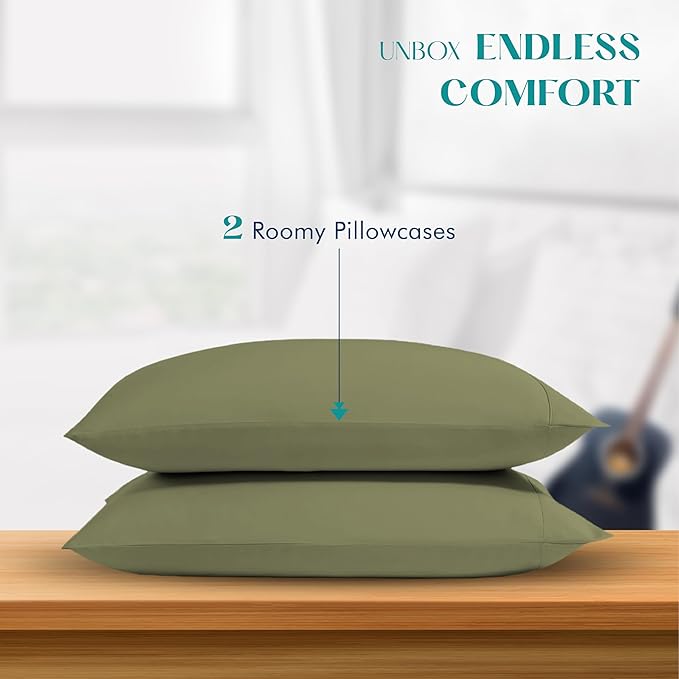 XOOX Linen 100% Egyptian Cotton Pillow Cases King Size Set of 2 - Luxury 1200 Thread Count Sateen Sage Green Pillow Covers, Soft & Breathable 5 Star Hotel-Quality Pillowcases, Fits King Size Pillows