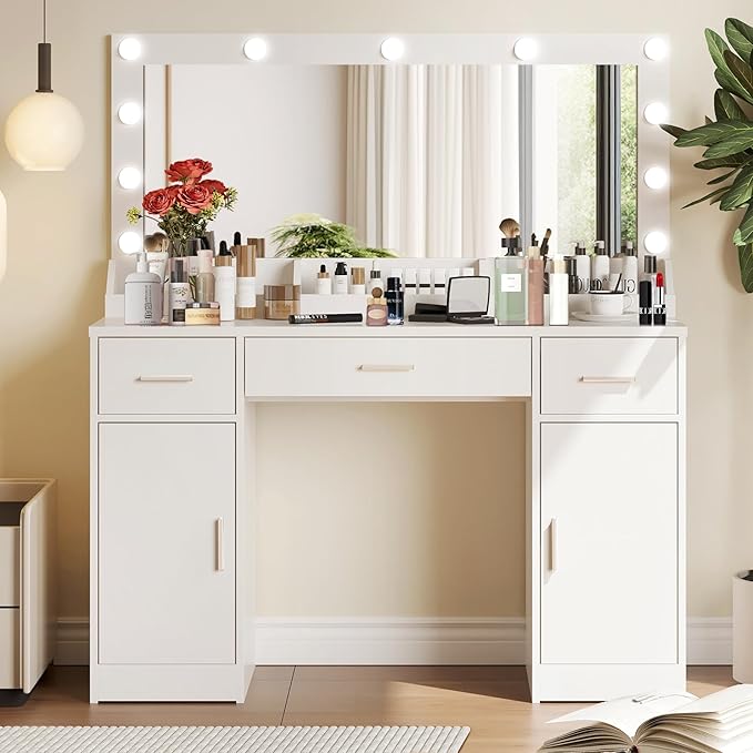 MIRROTOWEL 47.5” Vanity Desk with Large Mirror, 3 Colour Lighting Modes, Adjustable Brightness, Dresser with 3 Drawers & 2 Vertical Cabinets, Makeup Vanity Table for Women Girls