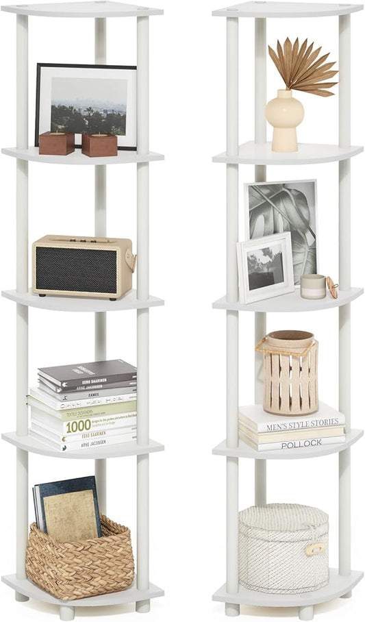 Furinno Turn-N-Tube Corner Shelf Set of 2, 5-Tier Corner Bookshelf, Open Storage Shelves, for Organization and Storage, Living Room, Home Office, Garage, White