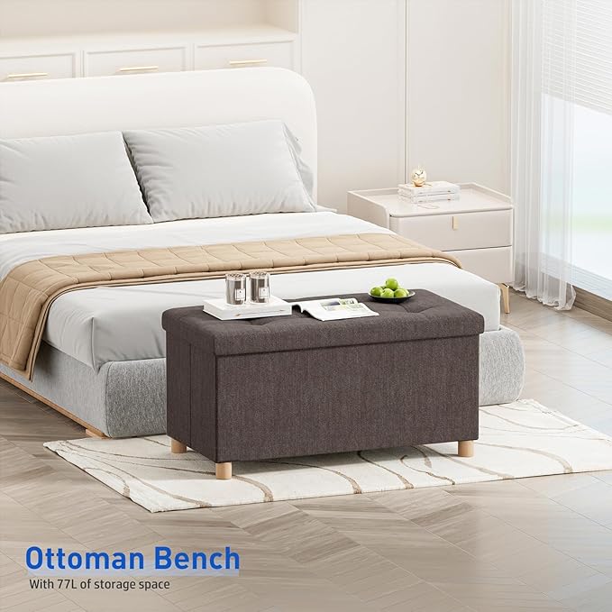 BRIAN & DANY 30 Inches Folding Storage Ottoman Bench, Ottoman with Storage Bench for Bedroom, Living Room, Entryway, Foot Rest with Legs, Brown