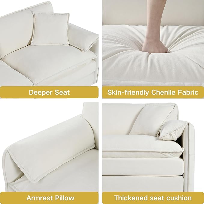 Loveseat Deep Seat Sectional Sofa Cloud Couch, Modern Chenille Comfy Upholstered Modular L Shaped Couch for Living Room, Apartment, Office (White, 75.59 Inch-L Shape)