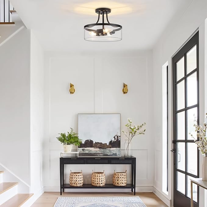 11.81" Black Semi Flush Mount Ceiling Light, Modern Glass Light Fixture, Industrial Hallway Light, 3-Light Close to Ceiling Light Fixtures for Entryway Bedroom Kitchen Laundry Dining Room, UL Listed
