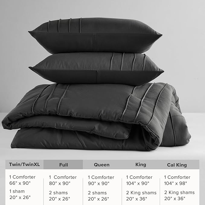 Comfort Spaces Black Full Size Comforter Set - 3 Pieces Pintuck Pleated Bedding Sets All Season Lightweight, Extra Softness Pre-Washed Microfiber Bed Set, Shams