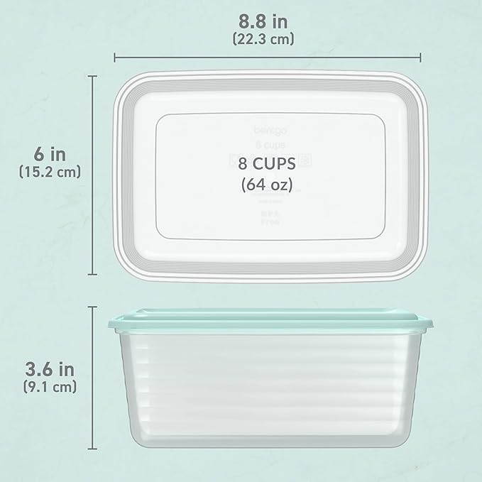 Bentgo Prep - 20-Piece Deep-Dish Storage Containers, Extra-Large 8-Cup Capacity for Meal Prep & Leftovers, Reusable, PFAS & BPA-Free, Durable, Microwave, Freezer, & Dishwasher Safe (Aqua Splash)