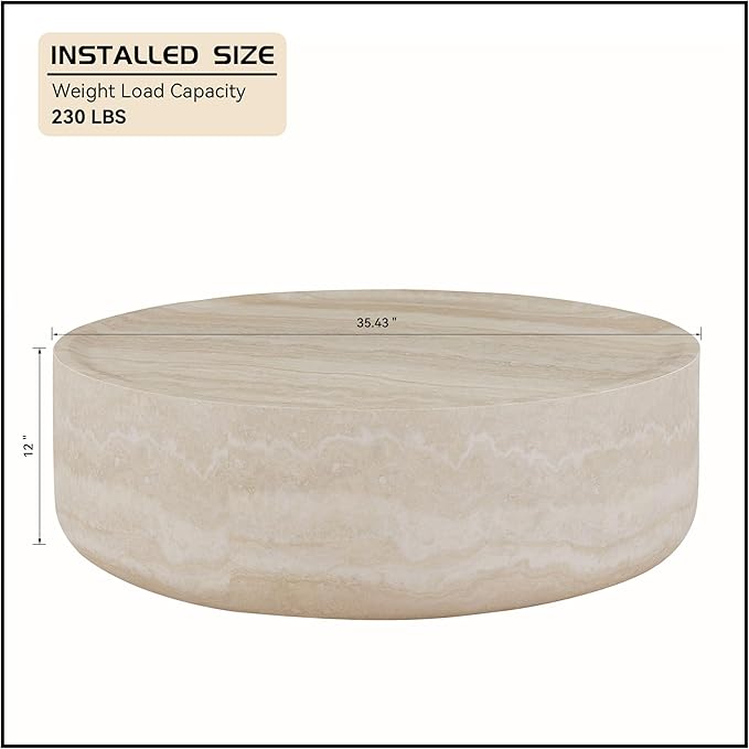 Round Coffee Table 35.43'' Marble Pattern Drum Shaped Coffee Table Fiberglass Cocktail Table Center Table for Living Room ome Office, Fully Assembled, White