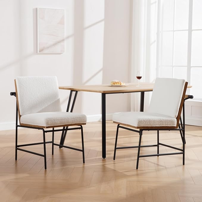 HEAH-YO Modern Dining Chairs Set of 2, Upholstered Sherpa Dining Room Chairs with Backrests, Armless Kitchen Chairs for Dining Room, Fur White