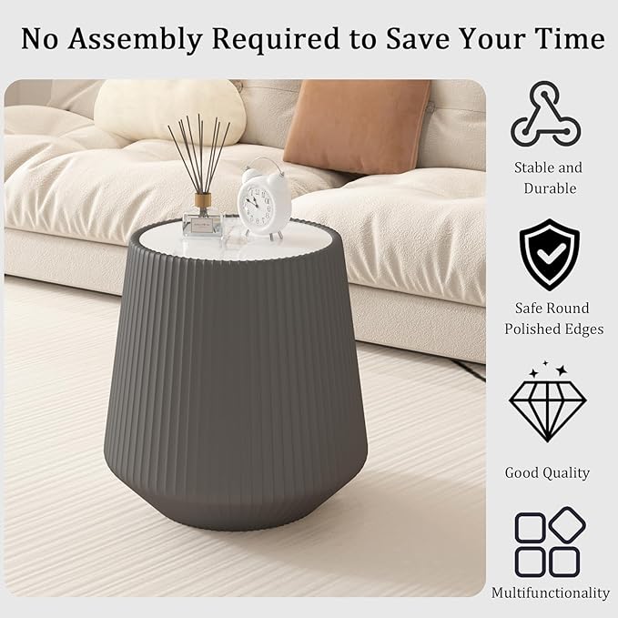 Grey Round Coffee Table with Sintered Stone Tabletop, 17.71" Drum Coffee Table with Fluted PU Leather Covered and Stable Base, Circle Cocktail Tea Table for Living Room