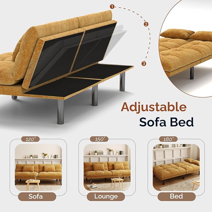 Futon Sofa Bed Convertible 70 inch Solid Wood Couch for Living Room, Chenille Fabric, 2 Cushions (Caramel Orange)