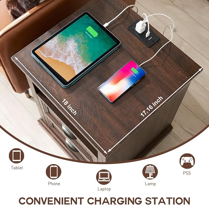 21" Tall Nightstand with Charging Station, Farmhouse 18" Wide End Table with 2 Storage Drawers, Wood Rustic Side Table w/Open Shelf for Bedroom, Living Room, Closet, Brown