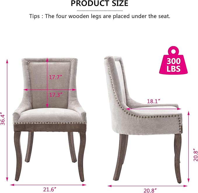 Farmhouse Dining Chairs Set of 4, Upholstered Fabric Dining Room Accent Chairs with Wood Legs & Bronze Nailhead, High Wingback Kitchen Chairs for Living Room Hotel Apartment, Beige