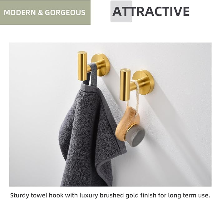 Angle Simple Bathroom Towel Hook 2 PCS, SUS304 Stainless Steel Bath Towel Robe Coat Holder, Heavy Duty Wall Hook, Brassy Gold