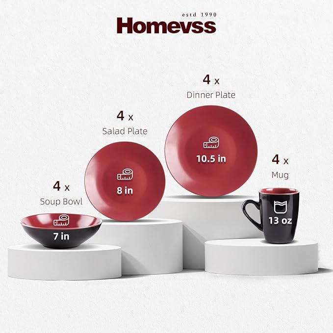 Colors Life 16pc Dinnerware Set，Shiny Black and Matte Berry