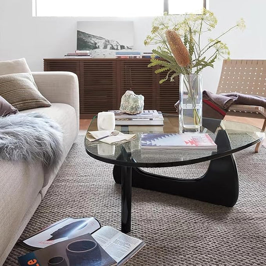 Mid Century Table Triangle Vintage Glass End Table, Glass Coffee Table with Solid Wood Base and Triangle Clear Glass Top Modern End Table for Living Room, Patio, Study, Black