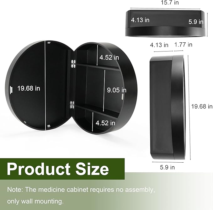 Royal Windsor 20 Inch Round Medicine Cabinet Mirror, Bathroom Mirror Wall Cabinet with Storage and Shelf, Surface Wall Mounted,Arched Cabinet Makeup Vanity Mirror for Bedroom, Black