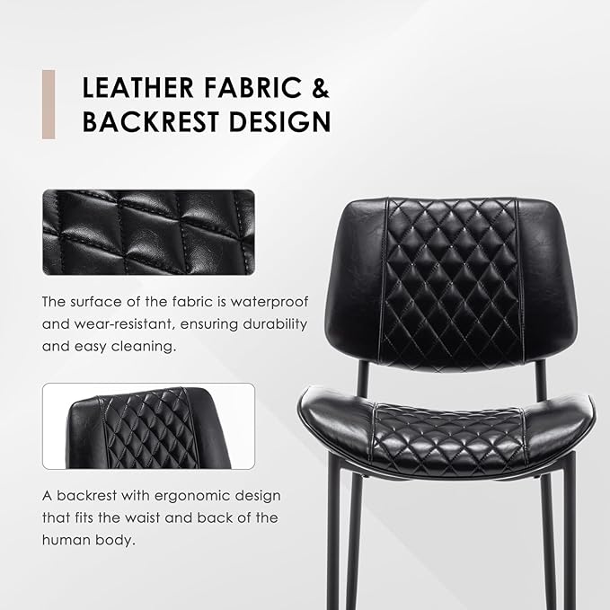 Modern Dining Chairs Set of 2, Leather Dining Chair with Metal Legs, Upholstered Dining Room Chairs for Dining Room, Kitchen, Vanity (Black)