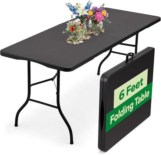 EconoHome Black 6ft Folding Table with Handle | Heavy-Duty Foldable Table | Portable Table for Indoor & Outdoor Use | Perfect for Events, Camping, Parties, Dining & More