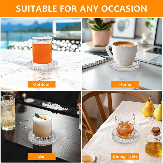 Round Modern Clear Coasters Set of 4, VIBRATITE 4 Inch Glass Cup Coaster Modern Crystal Coasters for Drinks Coffee Office Bar Kitchen Home Wedding Party Decor (Clear)