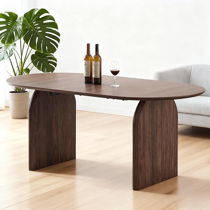 71'' Wood Dining Table,Oval Kitchen Table for 6-8,Walnut Table with Dual Pedestal Base,Farmhouse Dining Table Ideal for Kitchen,Dining Room(Easy to Assemble)