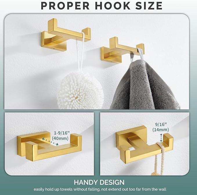 Angle Simple Double Towel Hook Brassy Gold 2 PCS, SUS304 Stainless Steel Bathroom Hand Towel Holder, Double Robe Hook for Wall