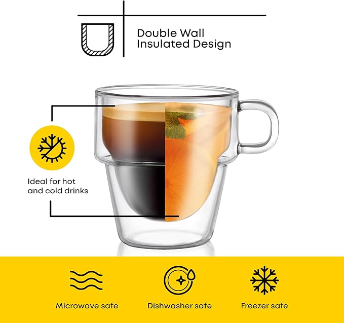 JoyJolt Stoiva Double Wall Insulated Espresso Glass Cups – 5 oz. (150 ml) Shot Cup with Handle – Stackable Thermal Clear Glass Cups, Fit for Espresso Machine and Coffee Maker – Set of 4