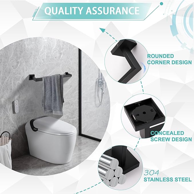 LANC 28-Inch Black Towel Bar for Bathroom Wall Mounted, Heavy Duty Towel Hanger Square Towel Rack SUS304 Stainless Steel Towel Rail Towel Rod Kitchen Lavatory Hand Towel Holder, A8804MB-6P1