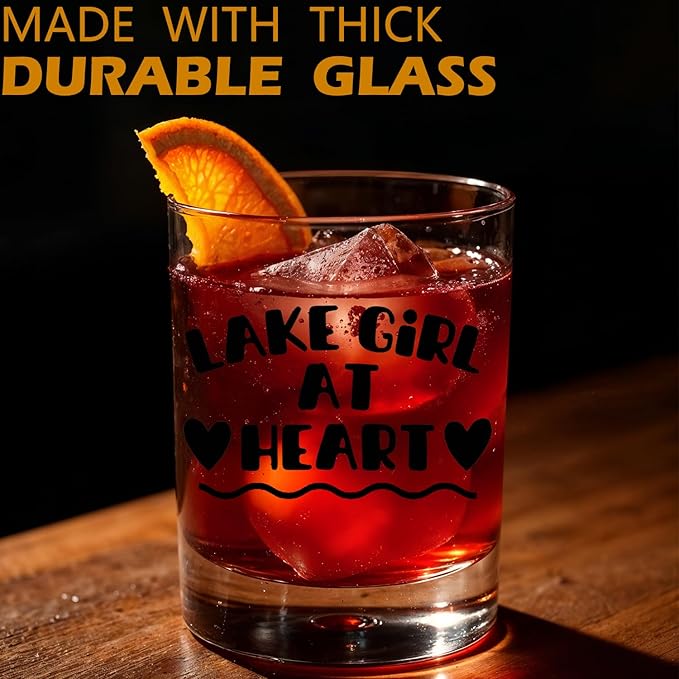 Lake Lovers Gifts Old Fashioned Whiskey Glasses, Lake Gifts for Women, Lakes Girl at Heart 10 oz Rocks Barware Cup for Cocktail Drinks Scotch Bourbon Liquor