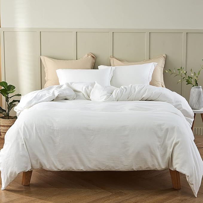 Simple&Opulence French Linen Duvet Cover Set 104"x 92"- 5 Pieces (1 Comforter Cover,4 Pillowcases)-Natural Flax Cotton Blend-Solid Color Breathable Farmhouse Bedding-Off White, King