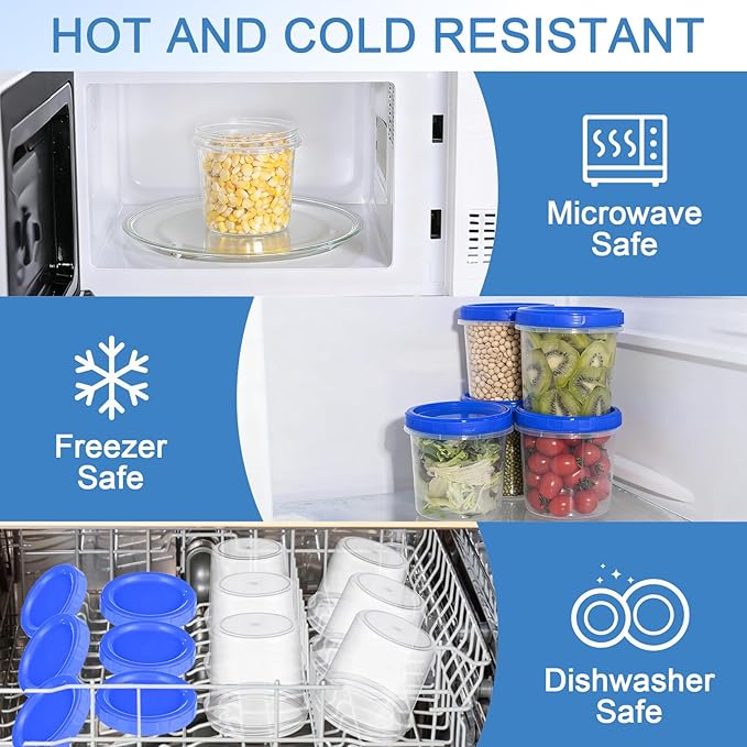 12 Pcs 16 oz Plastic Deli Containers with Screw Lids, Freezer Storage Containers Reusable 2 Cup Food Storage Container with Pen & Brush for Snack Salad Fruit, Microwave & Dishwasher Safe