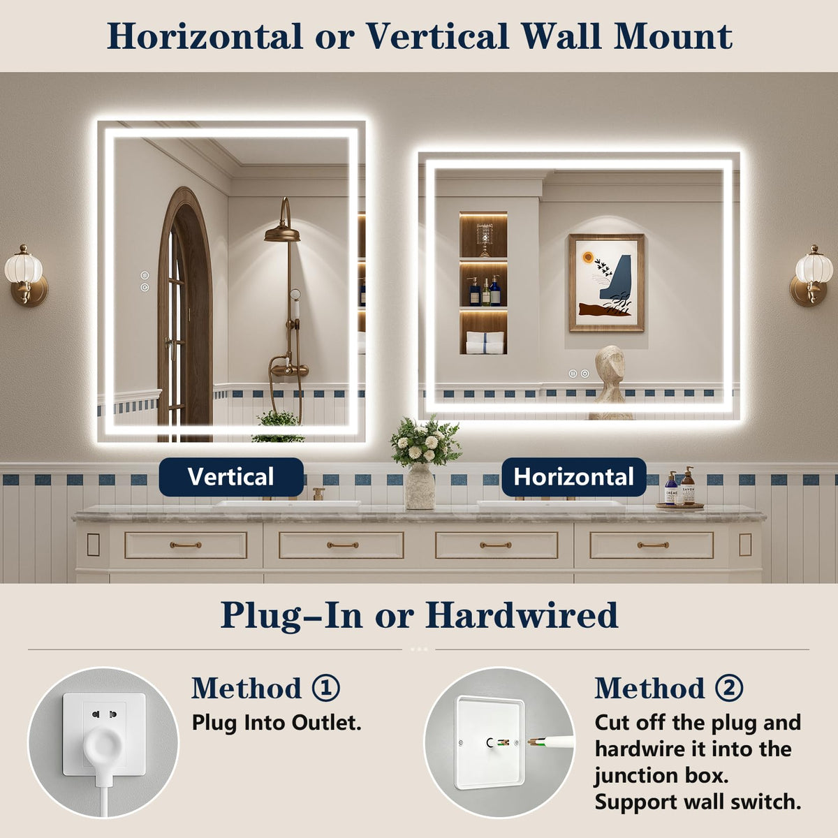 VEEYLOS 48x32 Inch LED Bathroom Mirror with Lights, Backlit & Front Lit