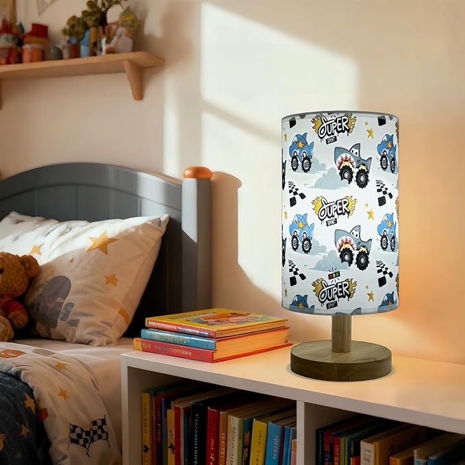 Shark Table Lamp for Boys Bedroom, Wood Base Linen Shade, Nursery Boho Lamp, 3 Level Brightness, Gifts for Boys