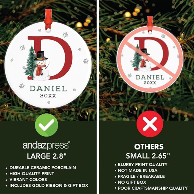 Andaz Press Personalized Ornament, Custom Name, Initial D Monogram Snowman 2.8" Ceramic Porcelain 2025 Christmas Ornament Keepsake for Kids, Boys, Girls, Includes Gold Ribbon & Gift Box, 1-Pack