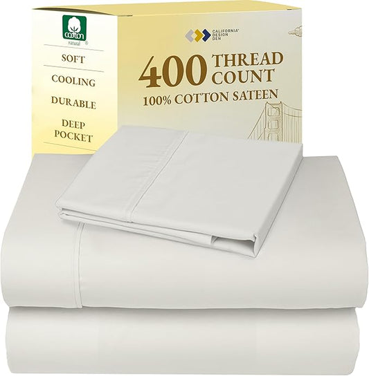 California Design Den Twin XL Sheet Sets - 400 Thread Count Sateen, 100% Cotton Sheets Set, Deep Pockets, Cooling and Durable Bedding for Dorm Rooms & Adults - Ivory (Pale Tone)