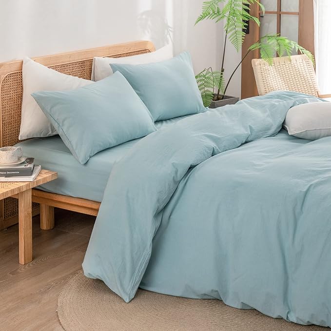 BESTOUCH Duvet Cover Set 100% Washed Cotton Linen Feel Super Soft Comfortable Chic Lightweight 3 PCs Home Bedding Set Solid Hushed Green King