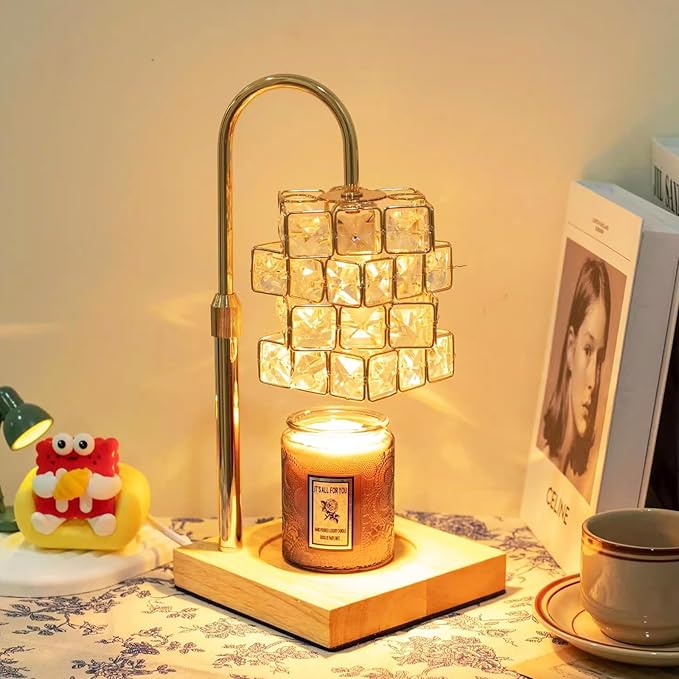 Crystal Candle Warmer Lamp With 2 Bulbs - Adjustable Height, Dimmable, Compatible With Large Jar Candles - Amber Glass, Home Decor Gift for Mom
