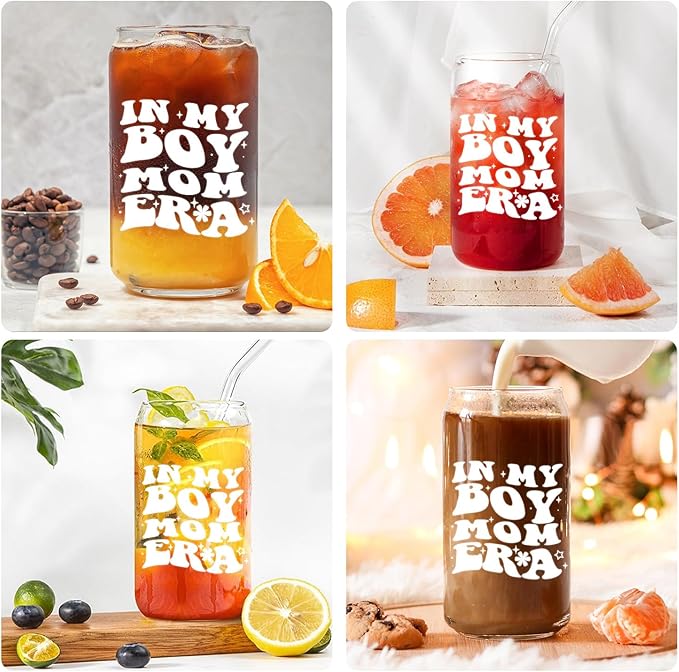 In My Boy Mom Era Cup - 16oz Glass Cup with Lid and Straw, Gift for Moms, Pregnant Moms, Drinking Cup for Christmas and Mother's Day
