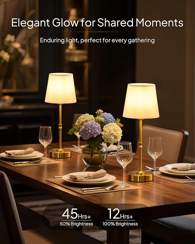 EppieBasic Cordless Table Lamp Rechargeable: Fast Charging & Long Lasting - 2700K Warm Light Vintage Gold Lamps for Women Housewife - Dinning Living Room Bedroom - 2 Pack